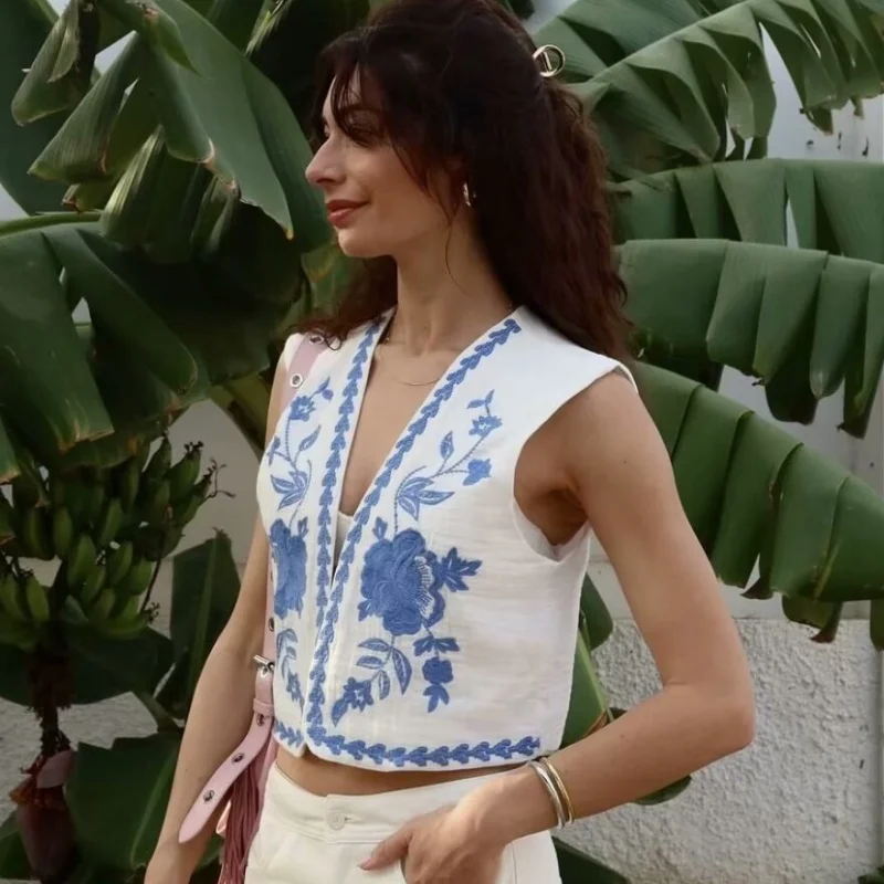 

Женский винтажный жилет Y2K TRAF с цветочной вышивкой, женский жилет в национальном стиле, куртка, наряды, повседневный укороченный топ для отпуска