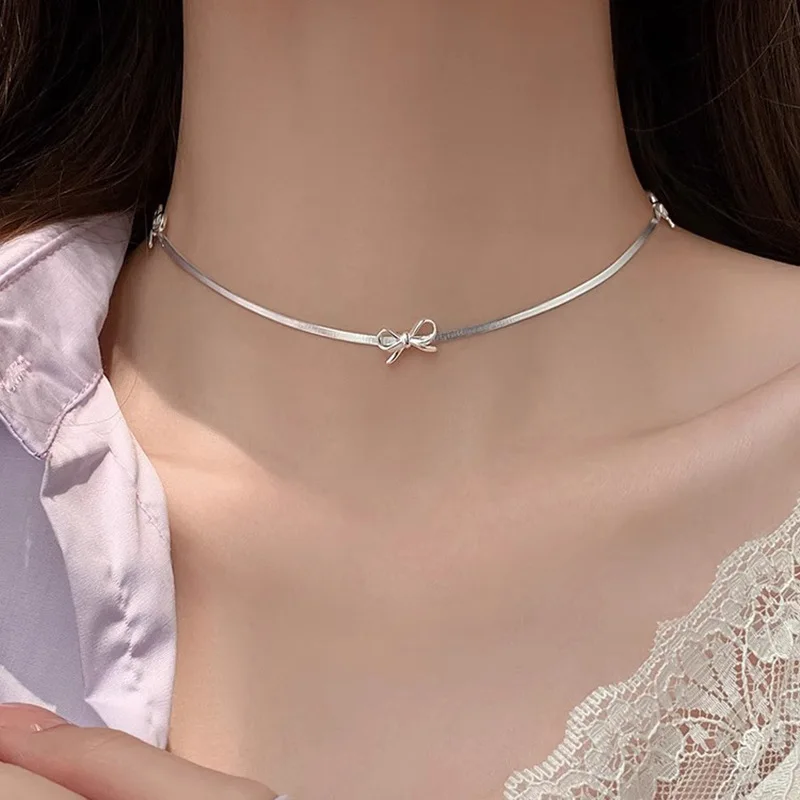 

VENTFILLE 925 Sterling Silver Bow Knot Necklace for Women Snake Bone Chain Hollowing Out Korean Sweet Jewelry Gift Dropshipping