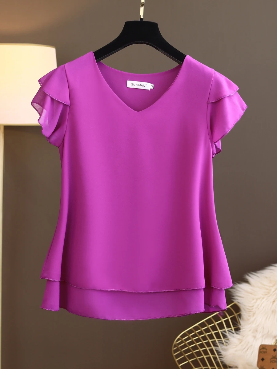 

Летняя повседневная свободная женская блузка с V-образным вырезом и коротким рукавом из шифона, скрывающая живот, верхняя одежда из смесового полиэстера, коллекция Лето 2023