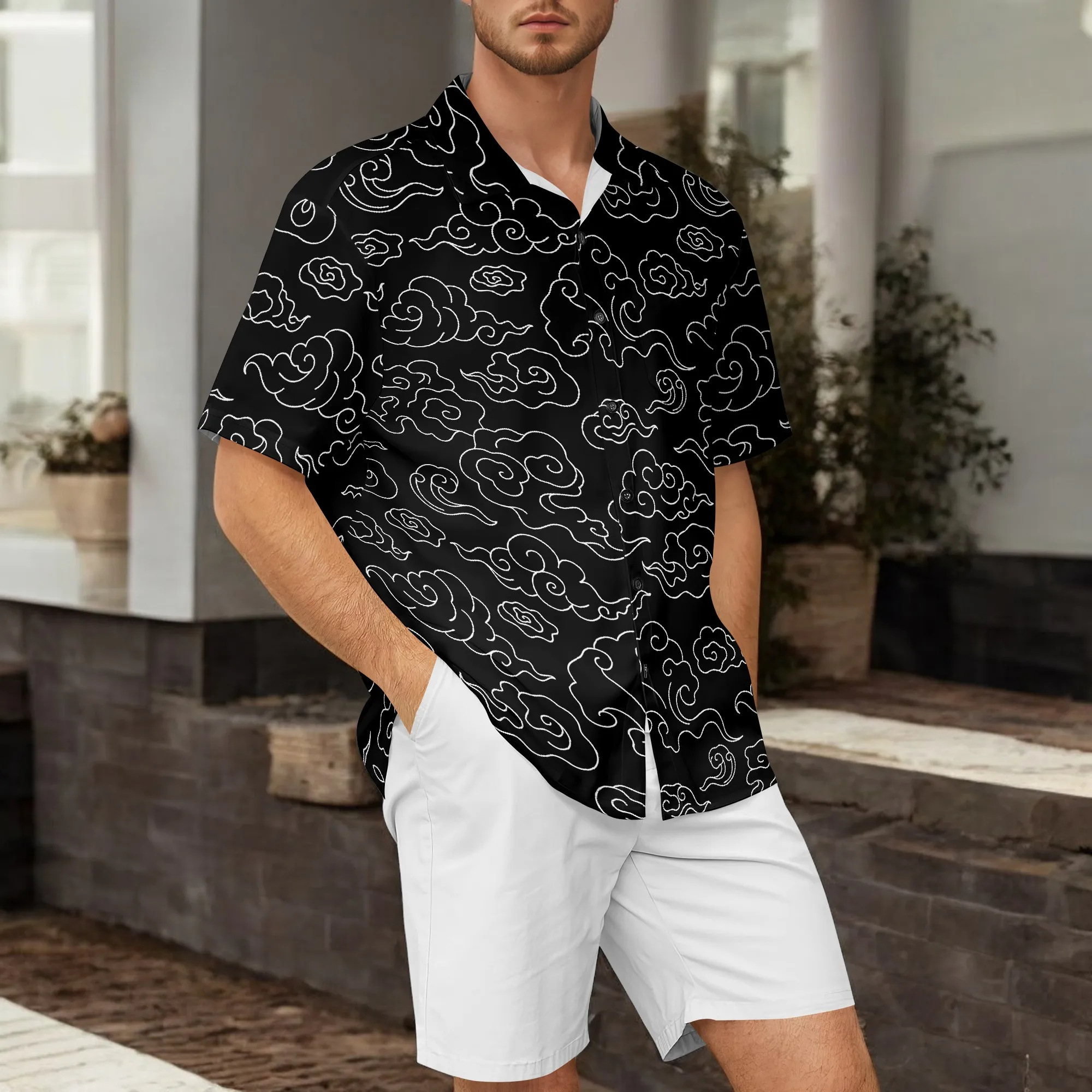 

YEAE White Cloud Pattern Print Shirt for Men Summer Casual Short Sleeve Top
