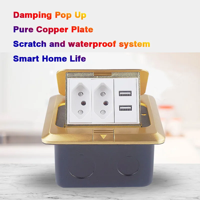 Smart All Pure Copper Panel Pop-up Floor Socket With 2 Brazilian Power Plug +2 USB Charger Ground Outlet For Home Office Meeting