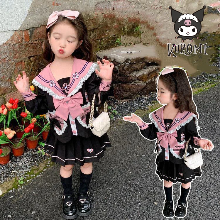 Sanrios Kuromi Anime Kawaii Kids College Style Jk Pleated Skirt Suit Princess Dress Comfortable Outdoor Toddler Clothse Set Gift