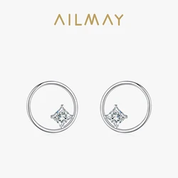 Ailmay 100% 925 Sterling Silver Fashionc Round Earrings Clear Zircon For Women Wedding Engagement Fine Female Jewelry