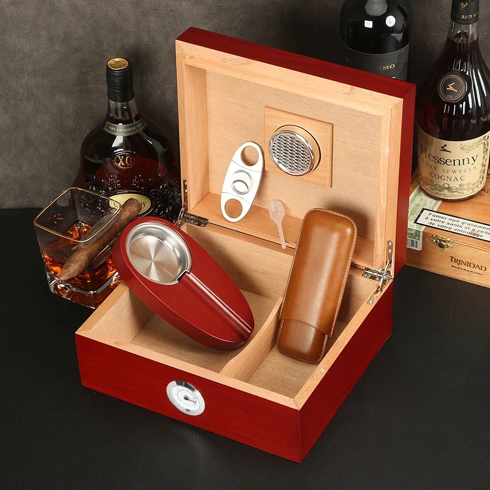 Cedar Wood Cigar Humidor With Humidifier Sharp Blade Cigar Cutter Ceramic Ashtray Leather Cigar Case Smoking Set