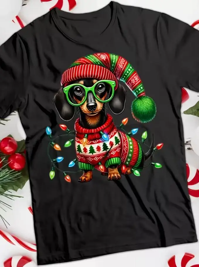 Funny Dachshund Christmas T Shirt Men Cute Dog Ugly Sweater Graphic Tees Summer Pure Cotton Short Sleeve Xmas Lights Holiday Streetwear Tops