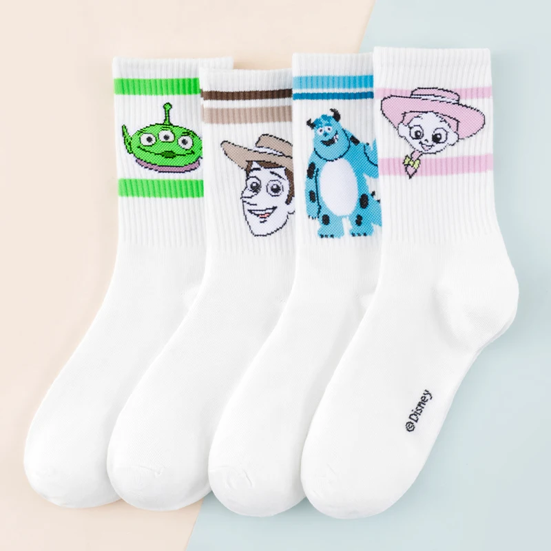 4 pares de bonitos calcetines de dibujos animados de Disney para mujer, calcetines de algodón con personajes de Toy Story Monsters Inc, calcetines informales transpirables para uso diario