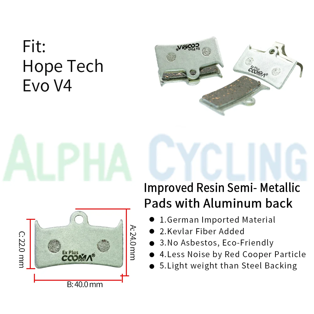 4 Pairs, Ex plus Bicycle Brake Pads for Hope Tech V4 Caliper, Alu-Alloy Backing