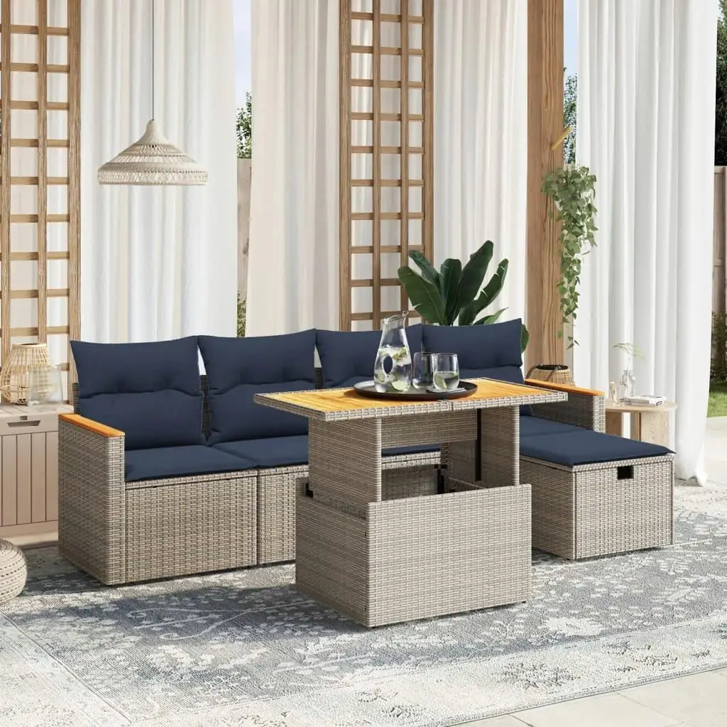 

Cozy 6 Piece Gray Poly Rattan Patio Sofa Set with Soft Cushions for Outdoor Relaxation