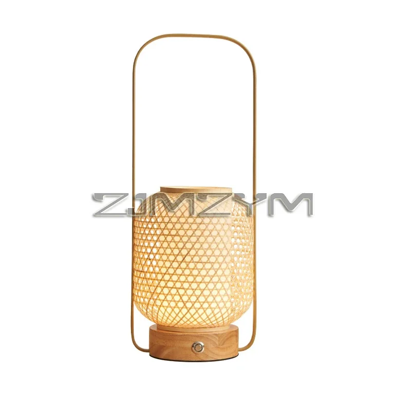 Chinese LED Table Lamp Retro Bamboo Weaving Handle Table Lamp Lighting Bedroom Bedside Living Room Decorative Table Lamp