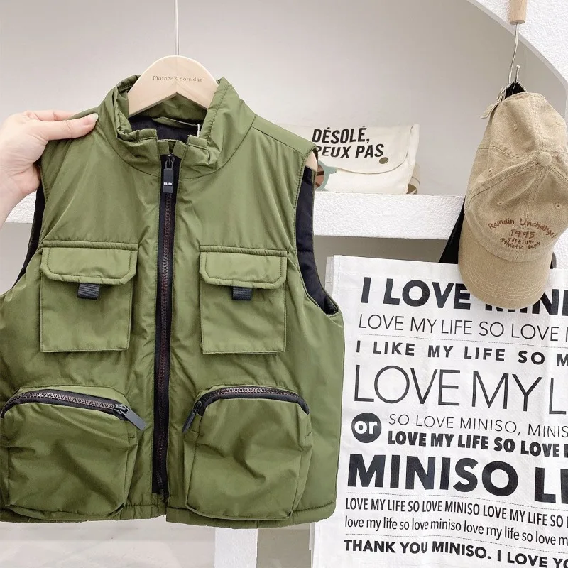 

Military Style Thickened Cotton Sleeveless Vest for Boys Autumn Winter Warmth Breathable Stylish Versatile Casual Wear