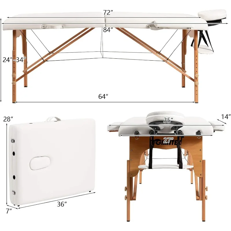 Mesa de massagem dobrável profissional, cama Lash, cama dobrável 2, cabeça e braço, estojo de transporte livre, spa facial, 84"