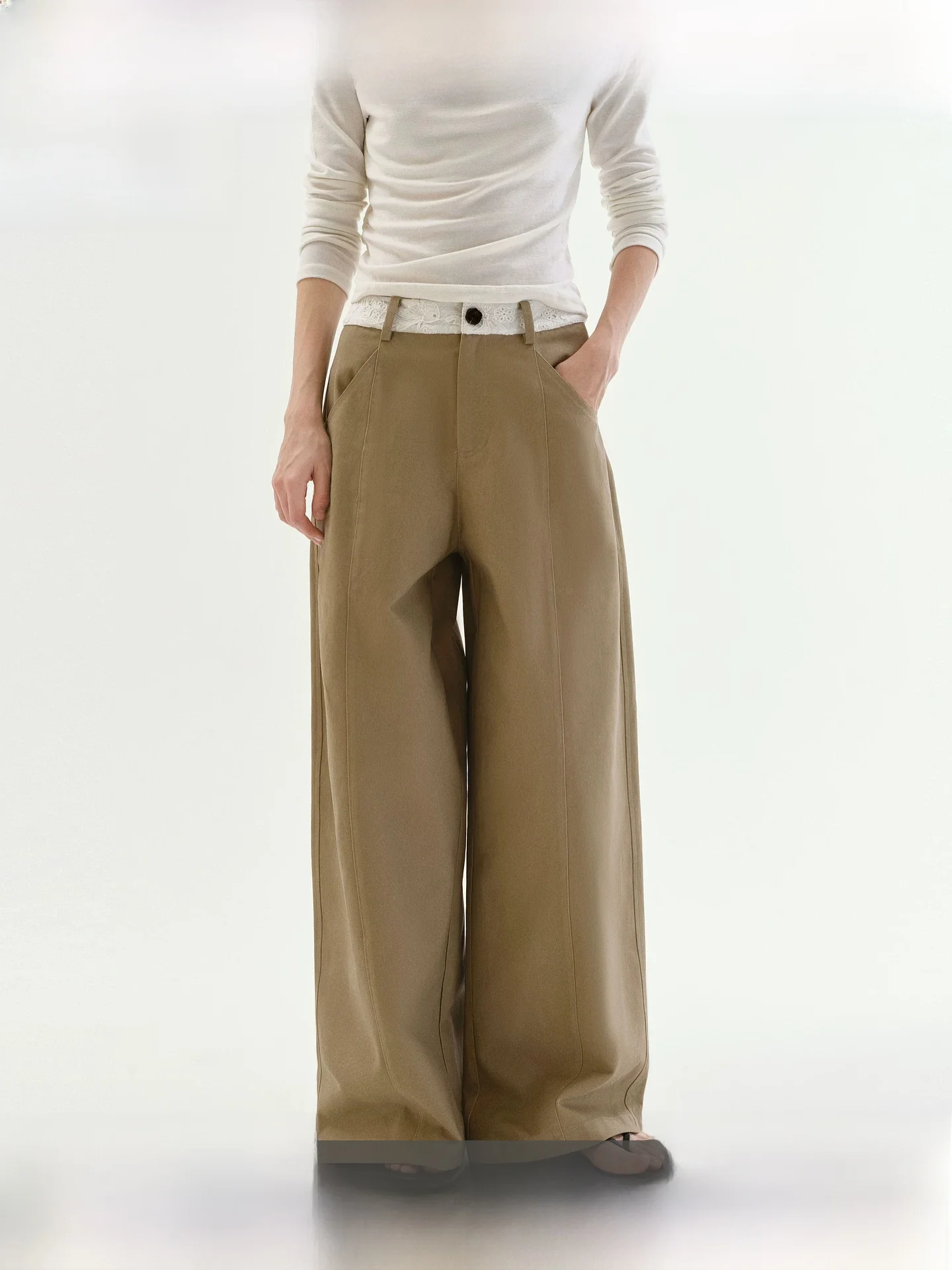 Fano 100% Cotton Embroidered Casual Pants Spring 2026 New Style Color Block 3D Embroidery Drapey Wide Leg Straight Cut Trousers