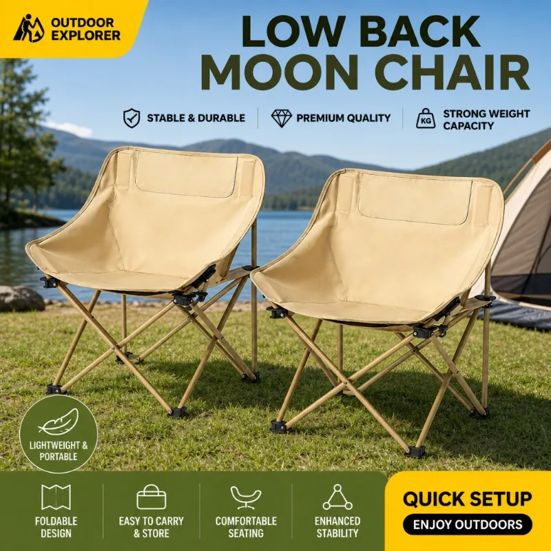 1 Pcs Portable Low Back Folding Moon Chair Heavy Duty Outdoor Camping Fishing Seat For Picnic Beach Sketching Travel BBQ Hiking