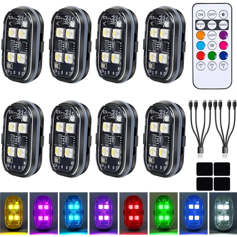 Upgraded 4Leds 8PCS Wireless LED Strobe Lights For Car With Remote Control, 8 Colors Anti-Collision Warning Light