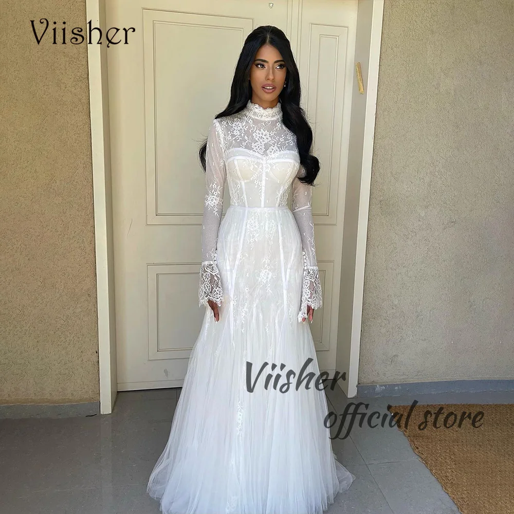 

Viisher Israel Meramid Wedding Dresses White Lace Tulle Long Sleeve High Neck Dubai Bride Dress Customized Women Wedding Gowns