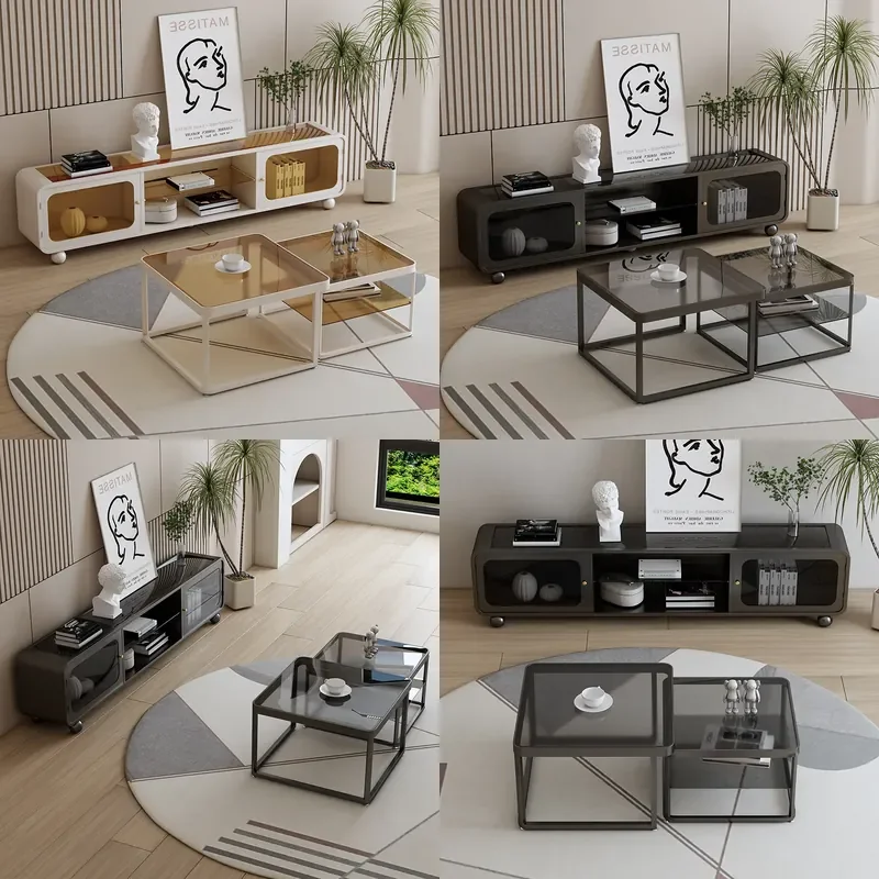 Cream TV Stand Coffee Table Combo Minimalist Floor Storage Cabinet for Small Apartment Living Room Light Luxury Furniture