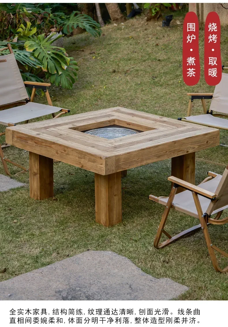 X18 Tavolino basso da balcone quadrato in legno massello per riscaldamento domestico, tavolino da caffè retrò a vento