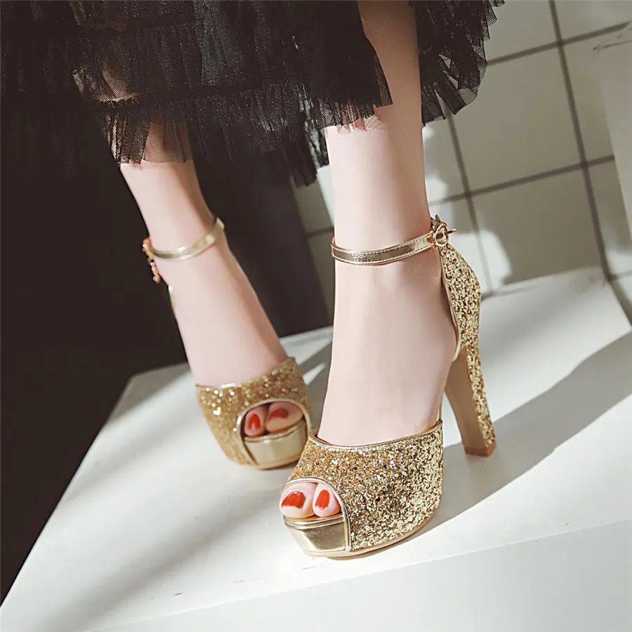 Silver Summer Women High Heel Platform Sandals Gold Black Sequined Cloth Peep Toe Ankle Strap Wedding Party Office Ladies Shoes