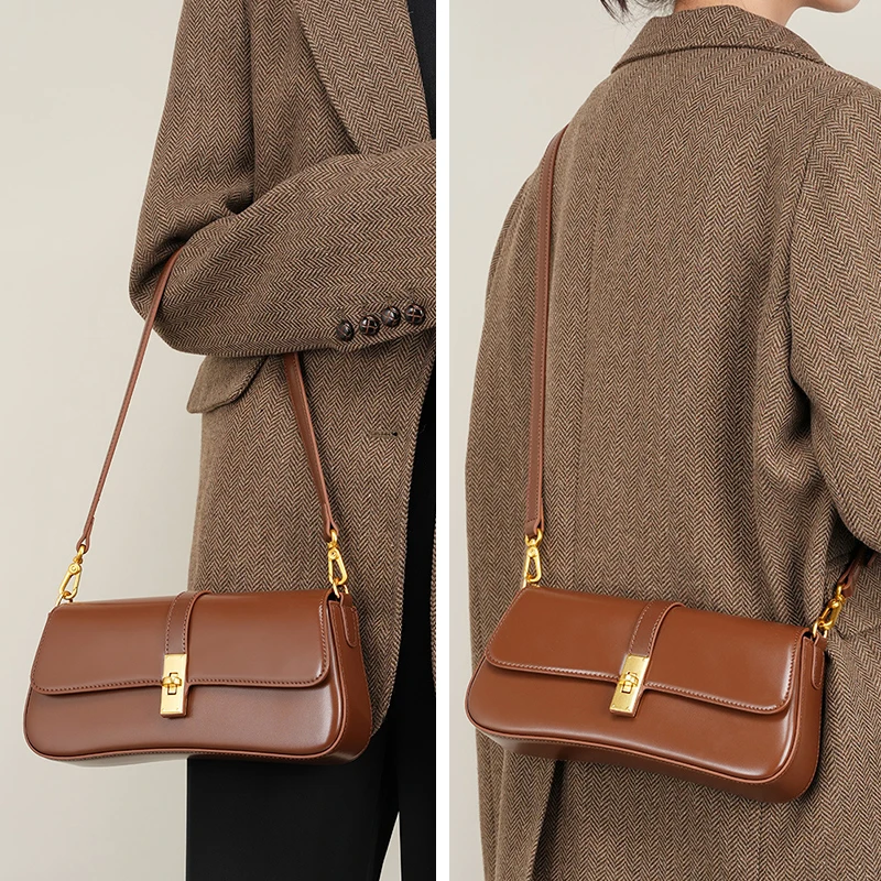 Genuine Leather Women\'s Shoulder Bag High Quality Vintage Baguette Bag Luxury Designer Women Crossbody Bags Cowhide Handbags