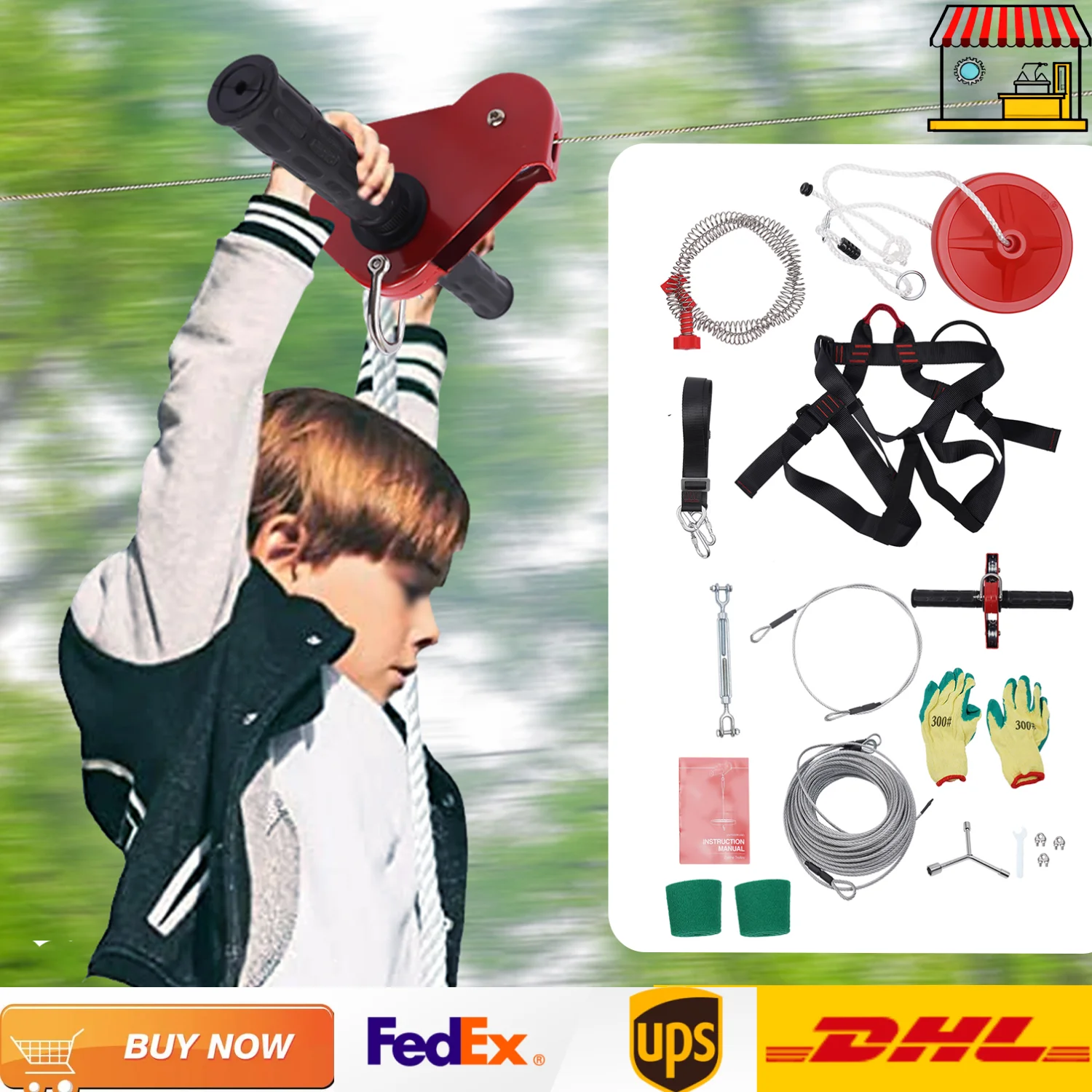 160FT 330lb Max Capacity Zipline Kit for Backyard Kids Adults with Stainless Steel Spring Brake