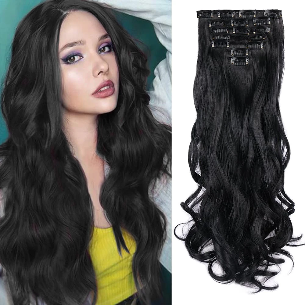 24 Inch Clip In Hair Extensions 7 PCS Long Wavy Synthetic Black Hair Extension & Natural Soft Invisible Clip Thick Hairpieces