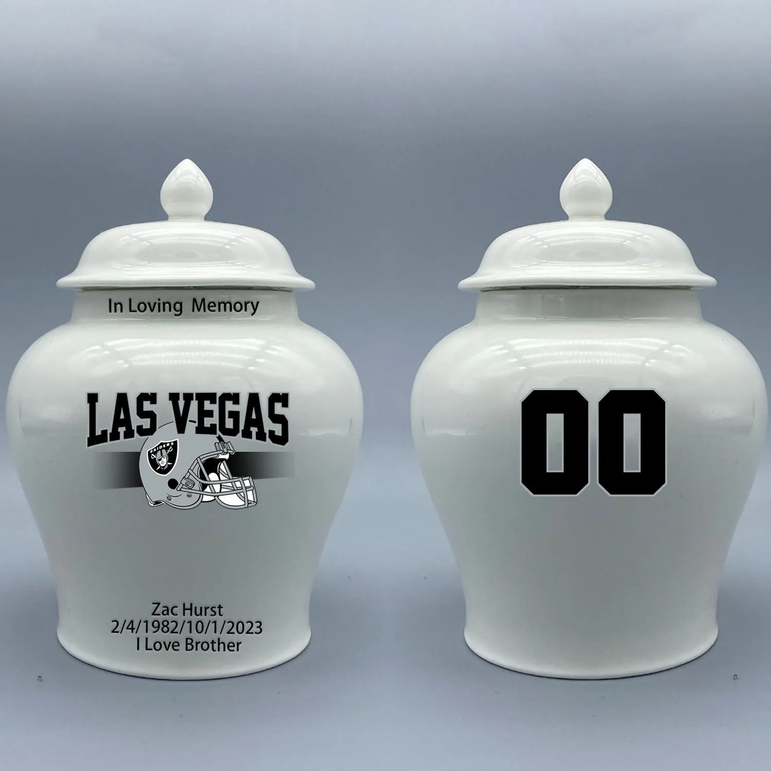 

Medium Urn for Las Vegas Raiders-themed Logo Urn.Please send me the customize information-name/date and number on the urn