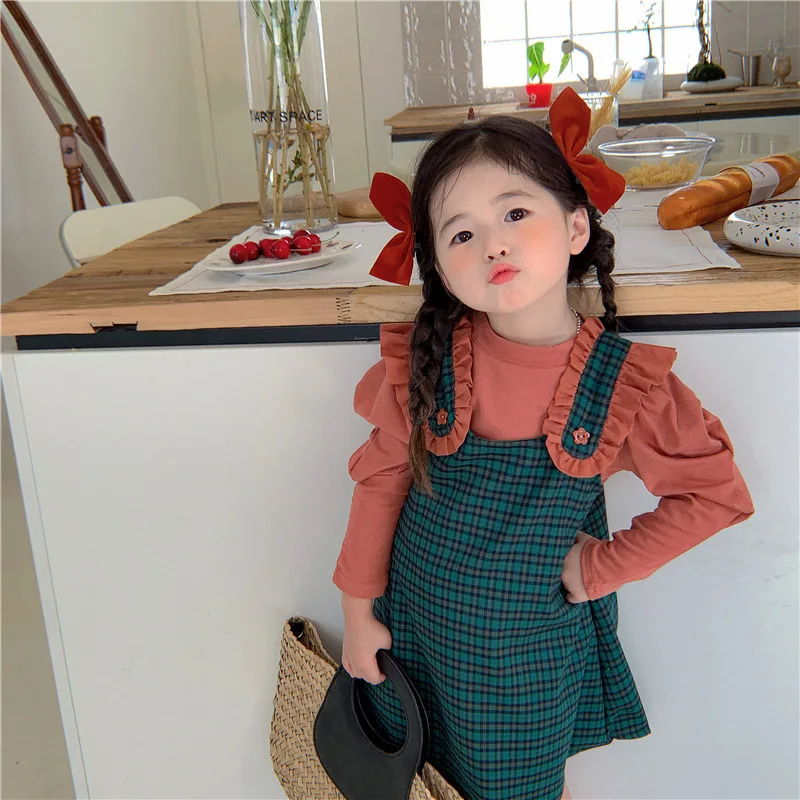 MILANCEL New Spring Kids Clothes Set Children Bubble Sleeve T-shirt+Check Strap Skirt Suit Girls Cute Tops