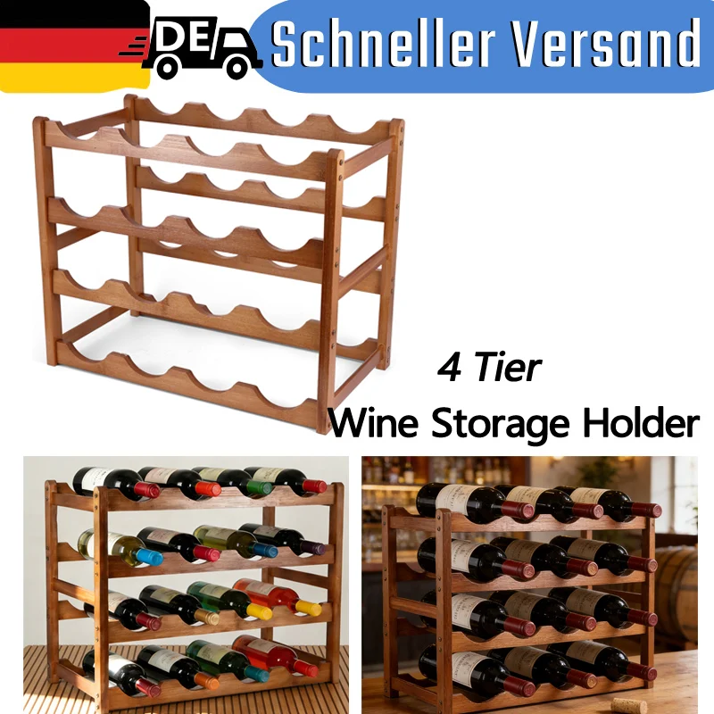 Estante de Vino de 4 Niveles, Estilo Retro, Independiente, para 16 Botellas, de Madera, para Decoración del Hogar, Gabinete o Encimera