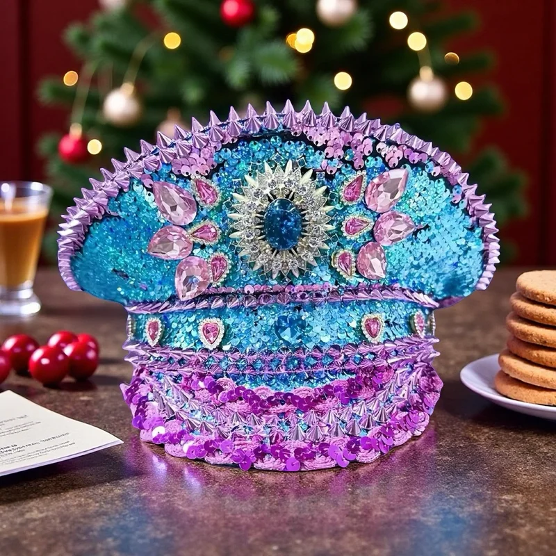 HongLuan Blue Party Vintage Military Accessories for Christmas & Captain Hat Rhinestone, Burningman Festival Woman, Army Cap