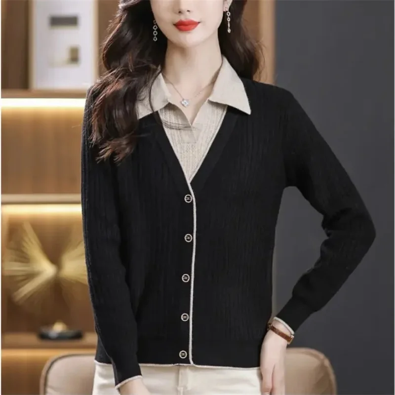 Autumn Winter Female Fake Two Pieces Sweater 2024 Lady Lapel Collar Loose Fitting Pullover Knitting Women Long Sleeved Knitwear