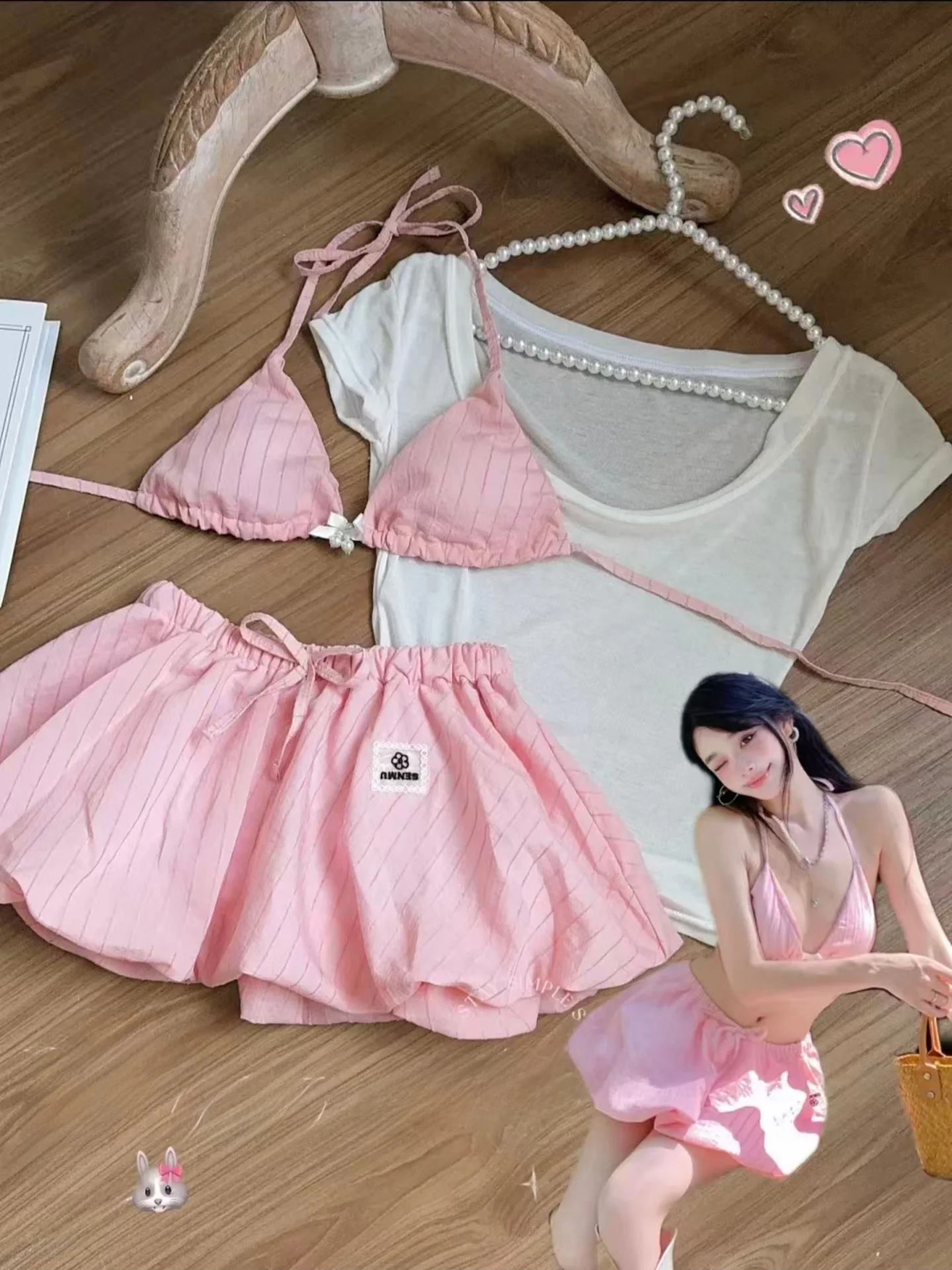 

Pink Striped Bikini Tee Piece Set Women's Separate Strap Flower Bud Skirt Island Beach Vaion Sle Sports Fitn Swimsuit