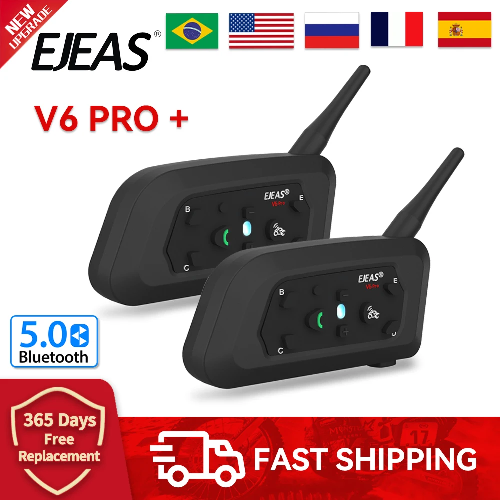 EJEAS V6 PRO+ 6Rider Motorcycle Helmet Intercom Bluetooth Headset 800M Interphone Communicator Waterproof Can EUC Remote Control