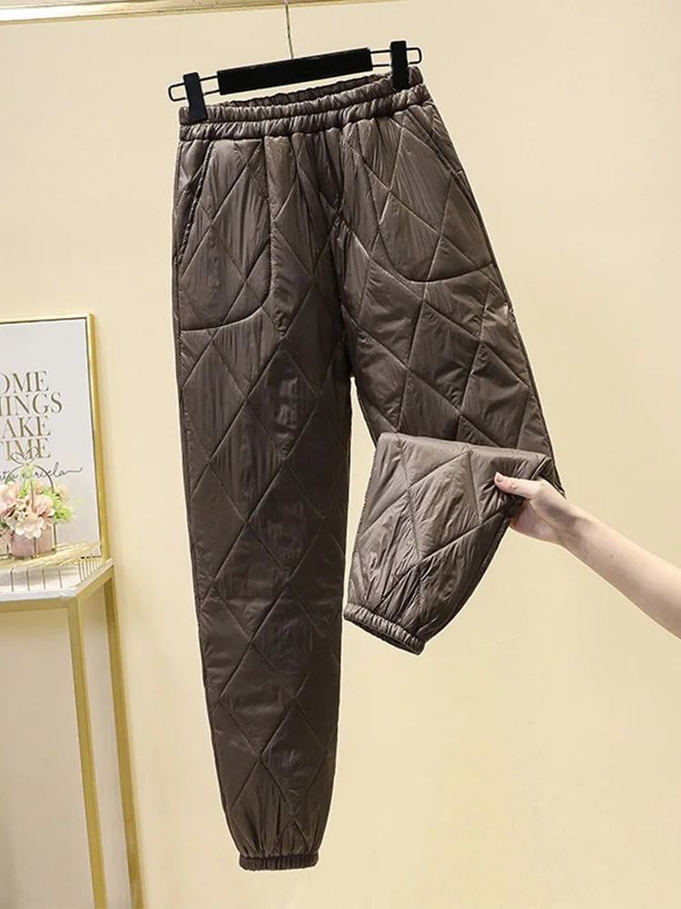 Lightweight Fem down Cotton Pants High Waist Polyester Fabric Outerwear Leisure Trousers Thiened Long Pants Lantern Sle