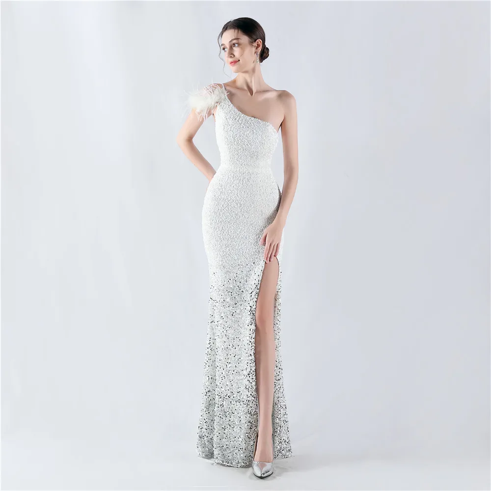 Customized Women's  One Shoulder  Sequins  Sexy  Side High Slit Prom Dresses Long Formal Gown Mermaid Evening Dress With