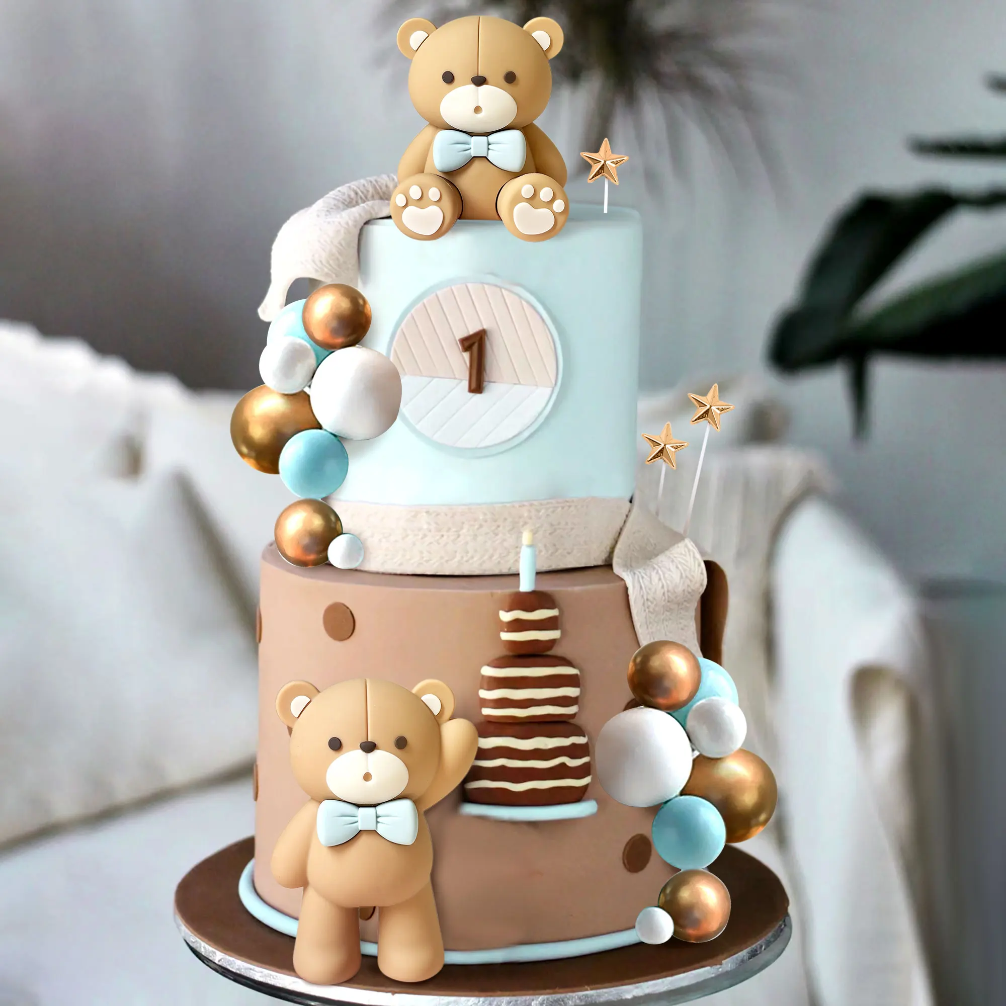 LaVenty Beige Brown Bear Cake Decoration Brown Balls Cake Topper Boho Bears Cake Decoration Baby Shower Birthday Cake Decoration view 4