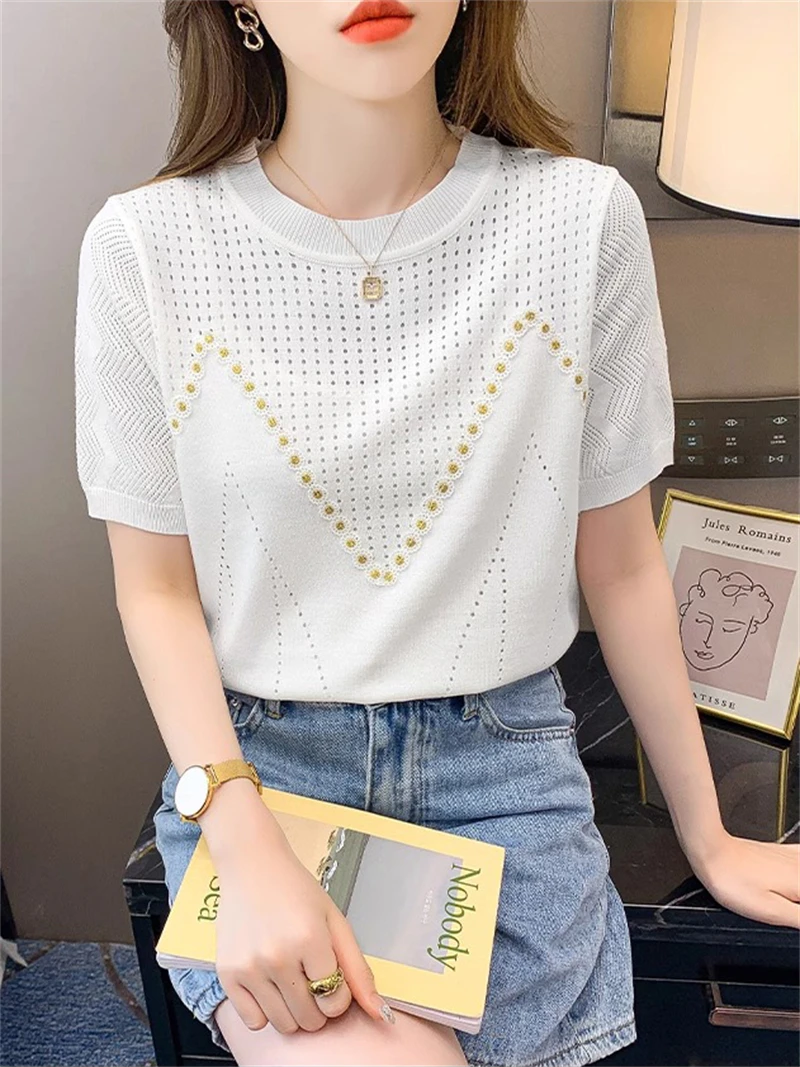 Summer New Color Contrast Short sleeved T-shirt Women\'s Round Neck Hollow Knitted Shirt Women\'s Top 69003