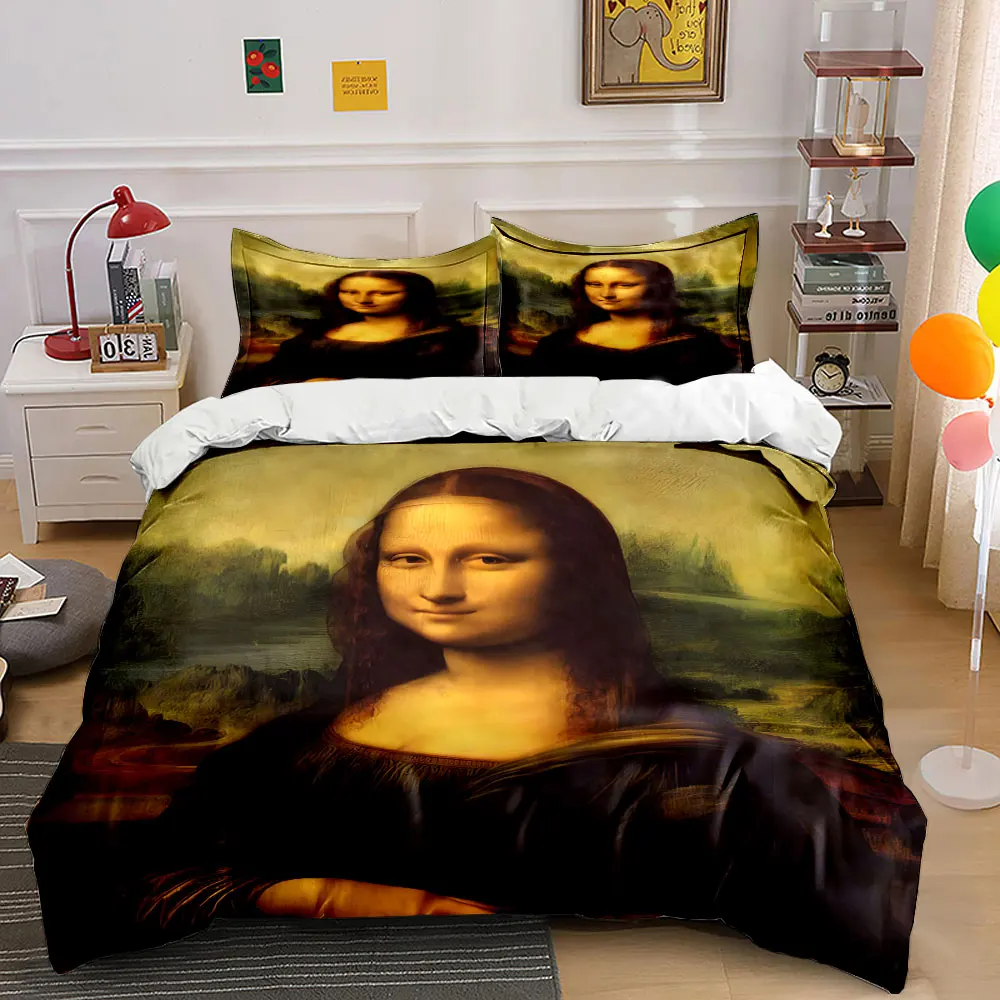 Classic Mona Lisa Smile Bedding Set for Kids Luxury Gift 3pcs Digital Print Comforter Set Soft Comfortable Breathable