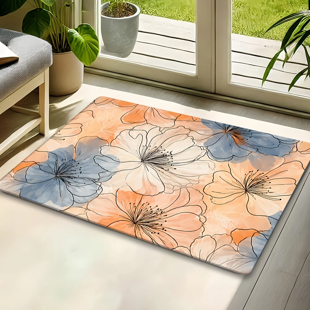 Line Art Floral Illustration Doormat Cream Beige Gray Orange Polyester Hand Wash Only 80x50cm Decorative Use