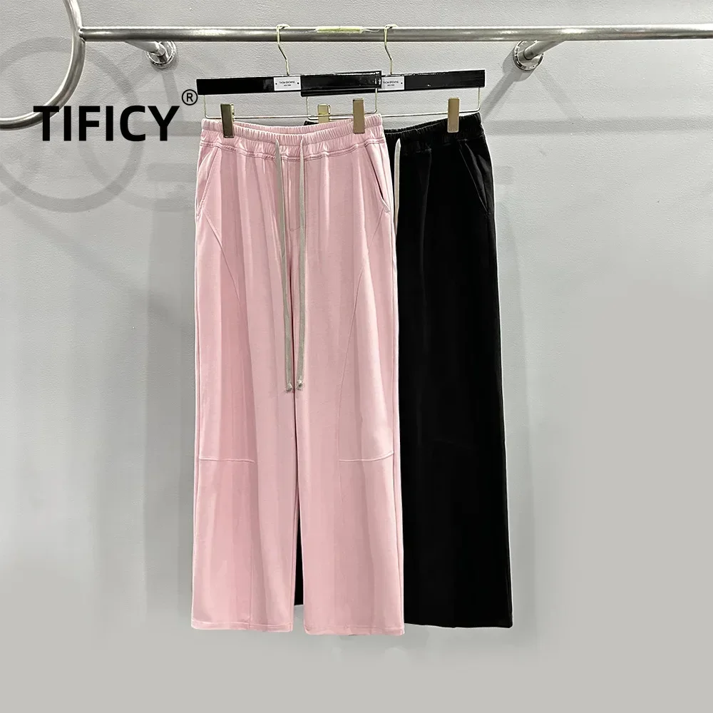 High Street Cotton Pant Women's Pink Western-style Drawstring Elastic Waist Splicing Thin and Loose Wide Leg Casual Pants