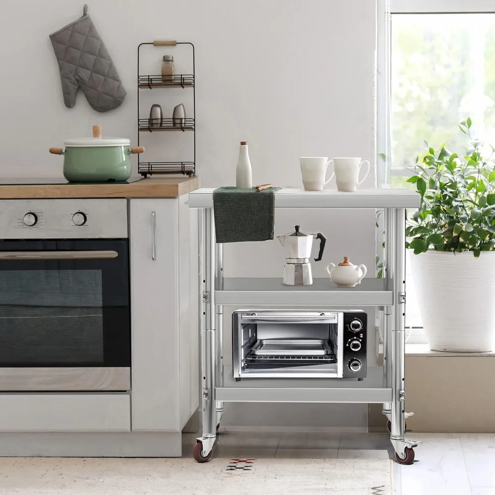 طاولة عمل دوارة من الفولاذ المقاوم للصدأ مع ثلاثة أرفف، 30 × 24 لاستخدام المطبخ والمطاعم #5