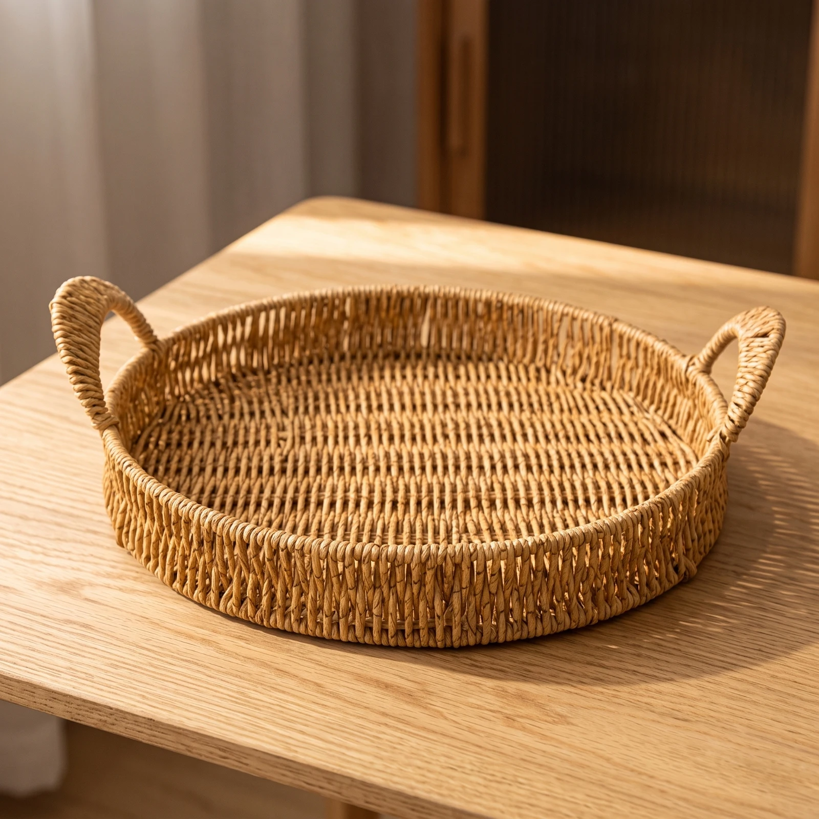 Woven Basket Tray Shallow Basket Tray with Handles Multi-Purpose Long-Lasting for Tabletop, Picnics