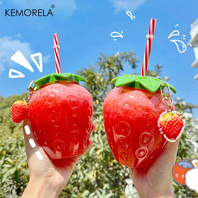 New Summer Cute Strawberry Cup With Straw Creative Clear Plastic Water Bottles For Girl Student Portable Cold Drink Water Cup