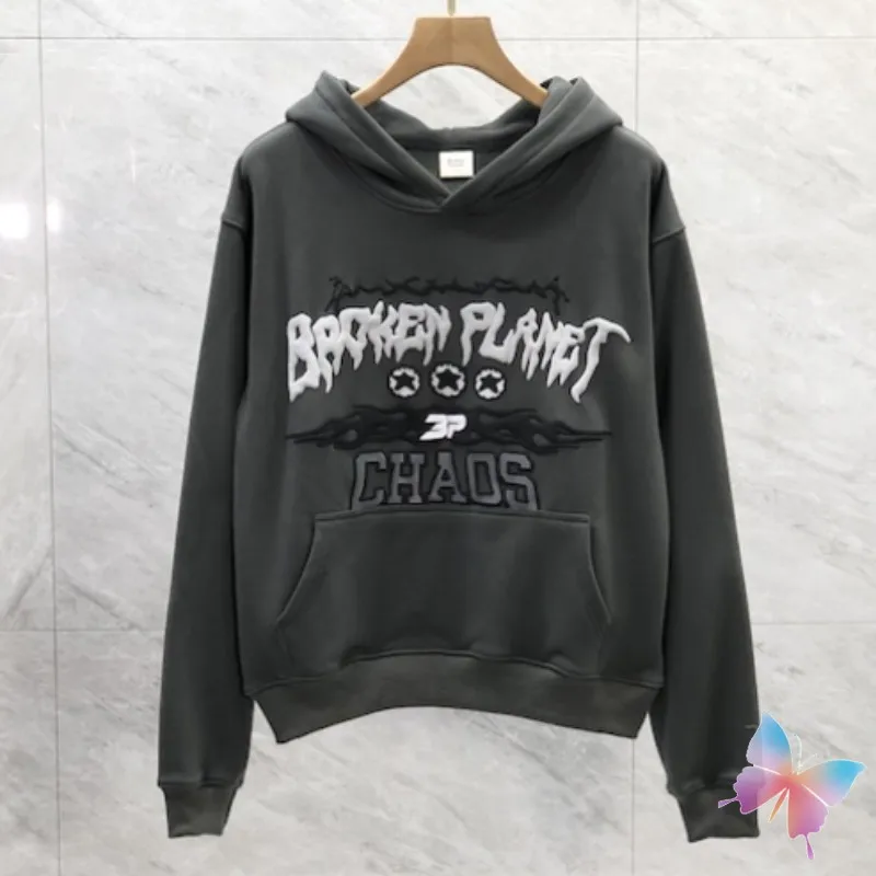 

High Quality Foam Print Broken Planet Hoodie Grey Fleece Hood Pullover Casual Loose Hiphop Street Loose Men Women BP Sweatshirts