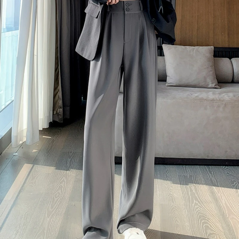 Taille haute minceur en forme de poire figure pantalon jambe droite pantalon de sol double bouton pantalon de costume décontracté