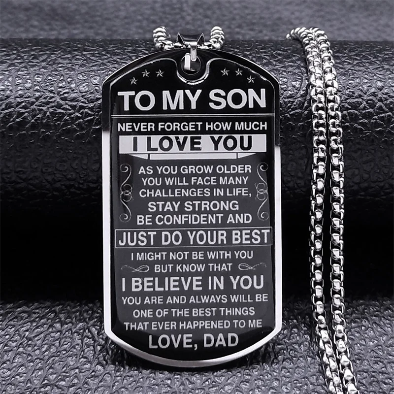An meinen Sohn, ich liebe dich Anhänger Halskette Edelstahl Hundemarke Buchstabenkette Geburtstags- und Abschlussgeschenk Schmuck Männer Inspiration Kinder – Detail 8