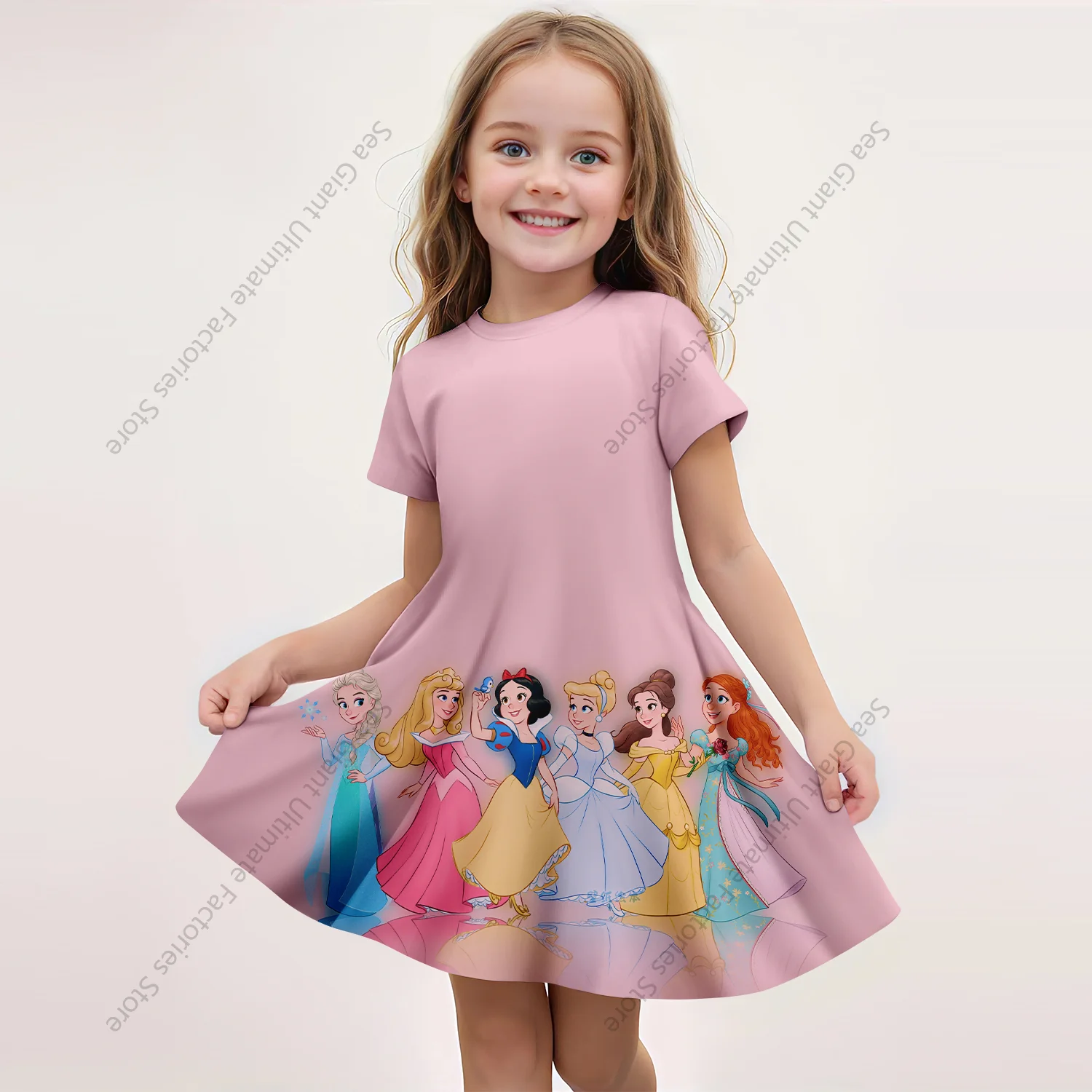 MINISO New Girls Summer Dress Fashion Cartoon Cute Princess Friend 3D Print Dresses Girls Short Sleeve Princess Party Clothing