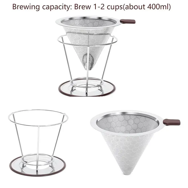 B97A-Stainless Steel Pour Over Coffee Dripper With Non-Slip Stand For 1-4 Cups, Reusable Metal Cone Filter