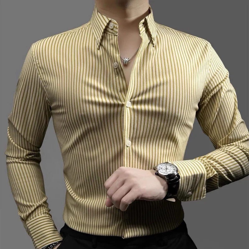 Men Clothing Korean Fashion Retro Striped Business Casual Shirt Luxury Formal Long Sleeve Slim All Match Tops Camisas De Hombre