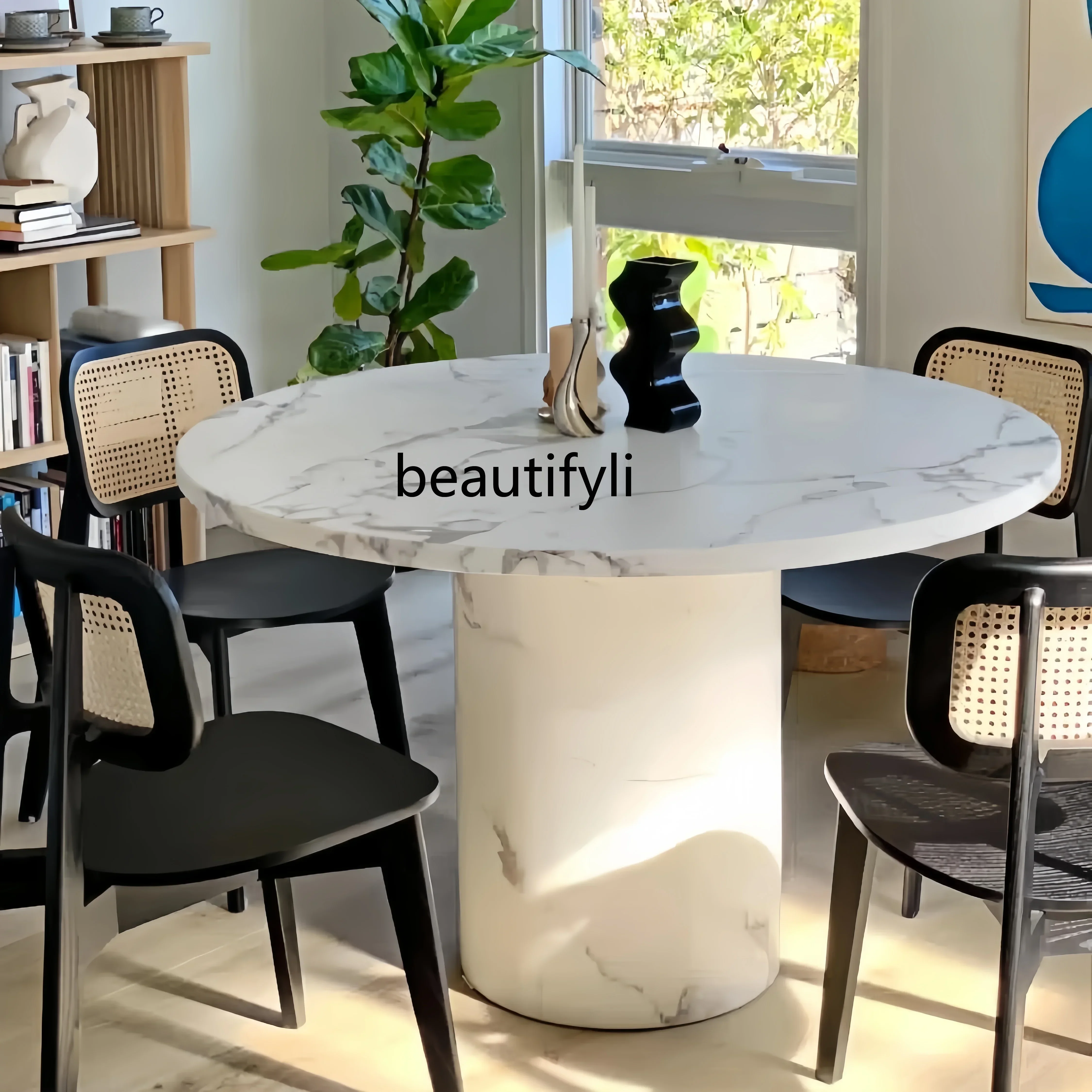 

French style, large white marble medieval fish belly white retro Nordic designer cream style round dining table