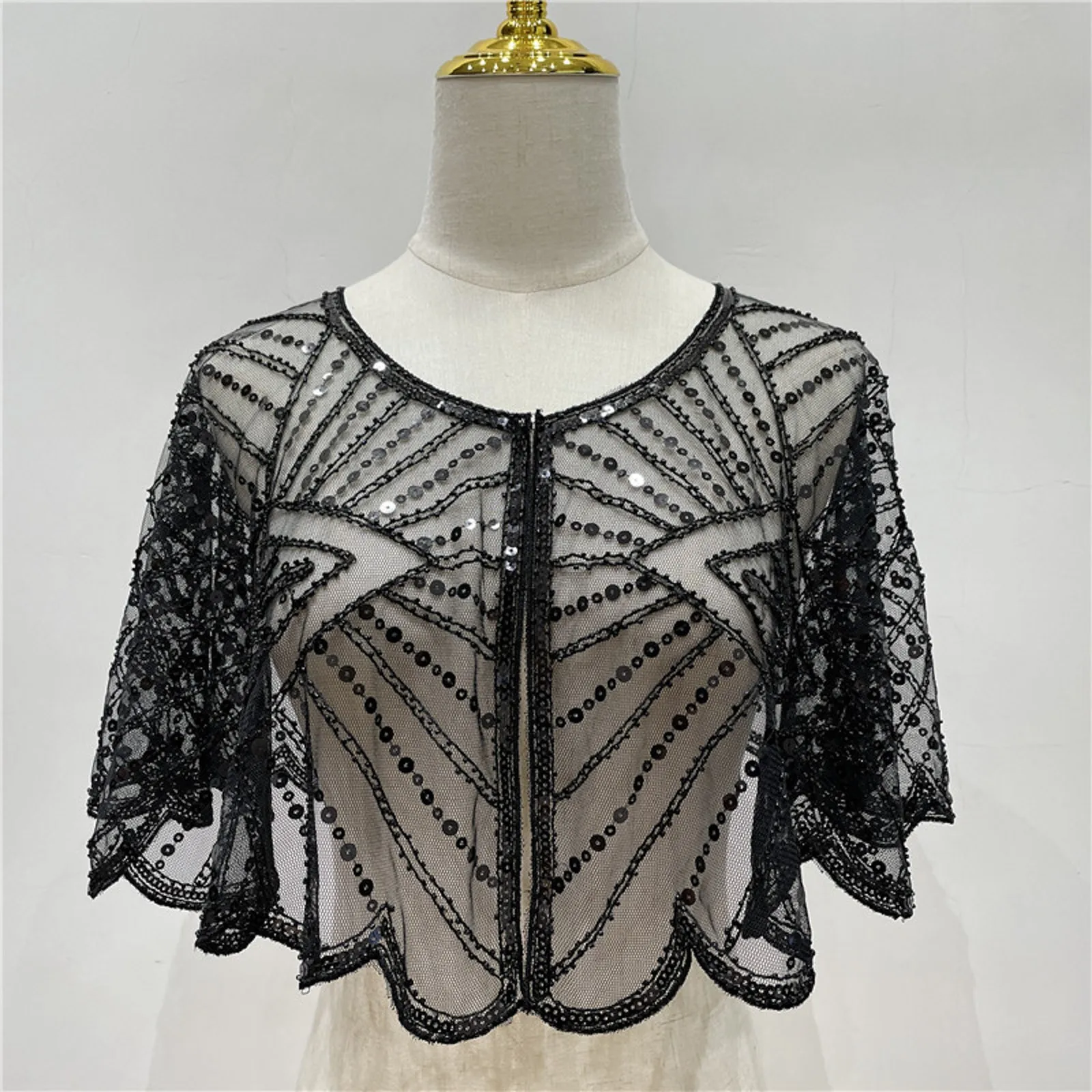 

Vintage 1920s Flapper Shawl Sequin Beaded Short Cape Beaded Decoration Gatsby Party Mesh Short Cover Up For Evening Dress